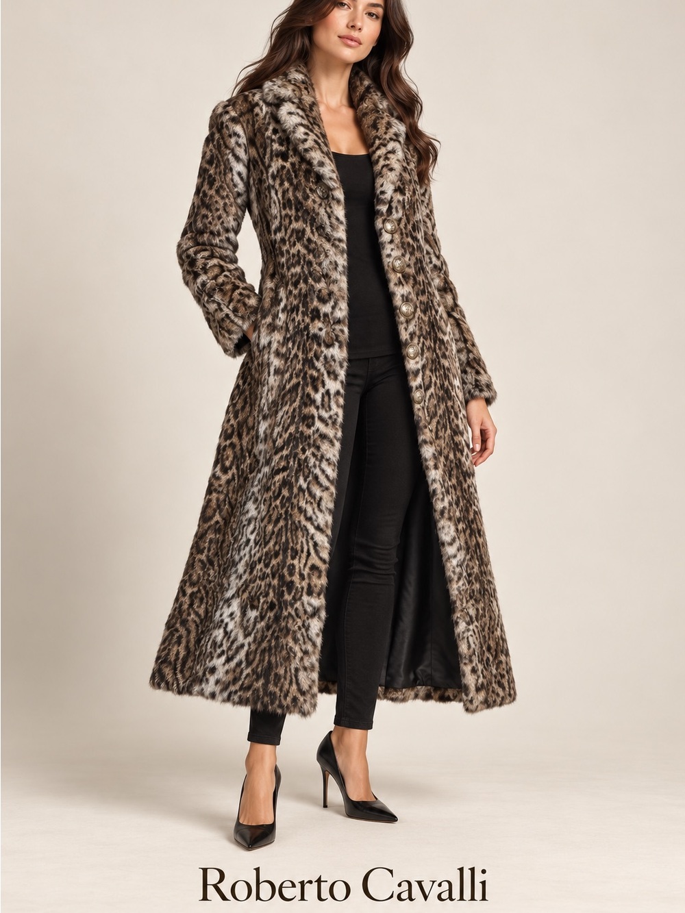 Roberto Cavalli Long Faux Fur Leopard Coat - Brown/Gray